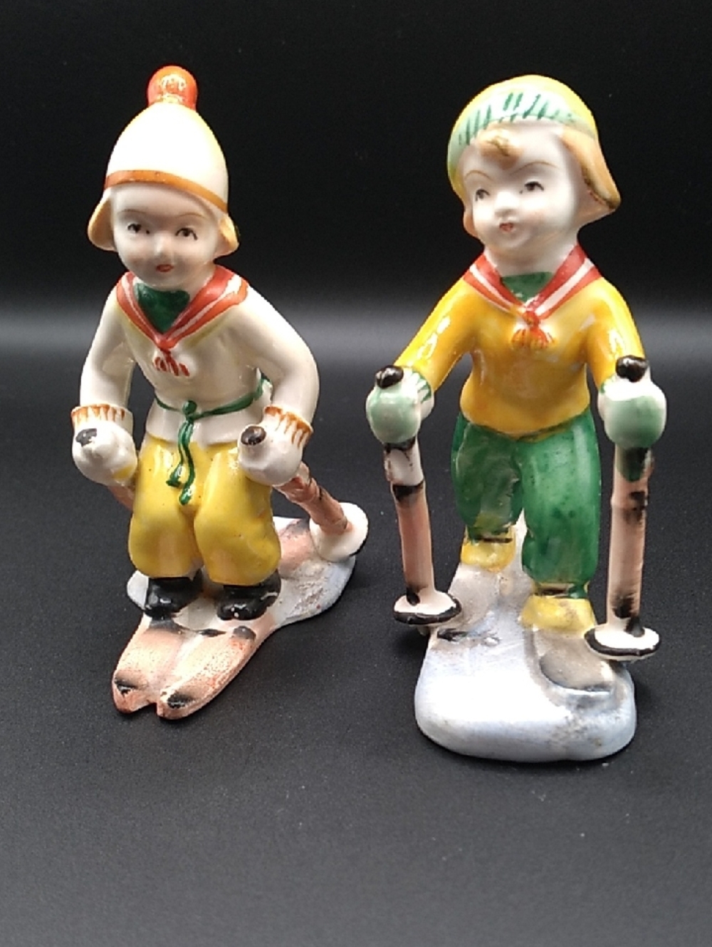 Vintage Porcelain Skiing Children Figurines Made In Occupational Japan (S1)